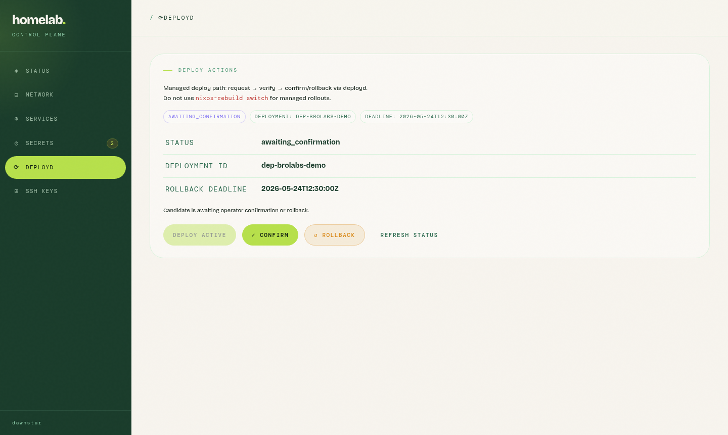 control plane deployd page showing deploy request, confirmation, rollback, and status controls