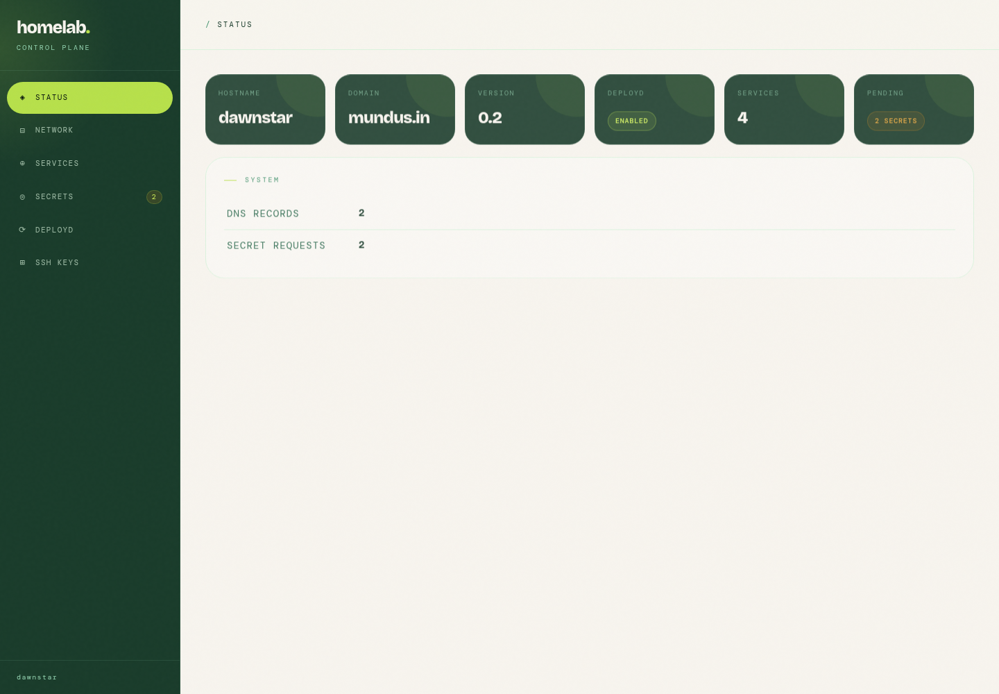 homelab-zero control plane dashboard showing status cards, system metadata, and deploy state