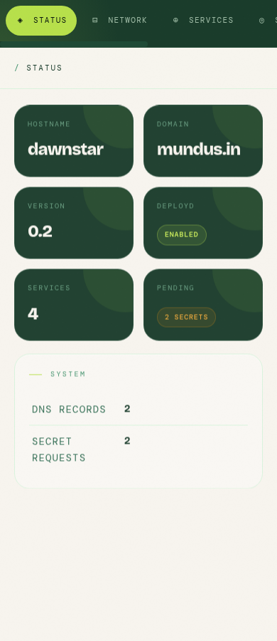 mobile view of the homelab-zero control plane dashboard
