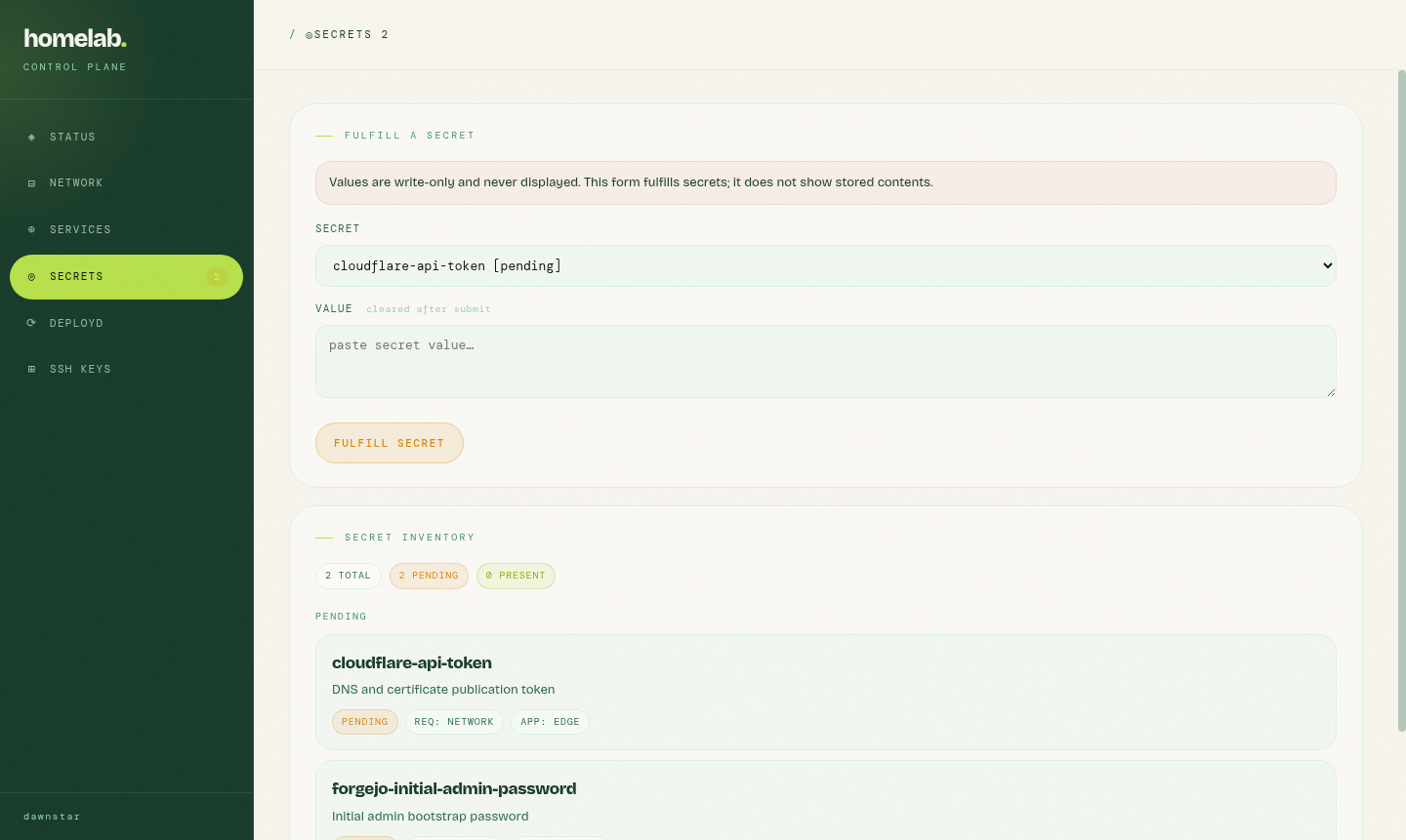control plane secrets page showing write-only secret fulfillment and secret inventory statuses