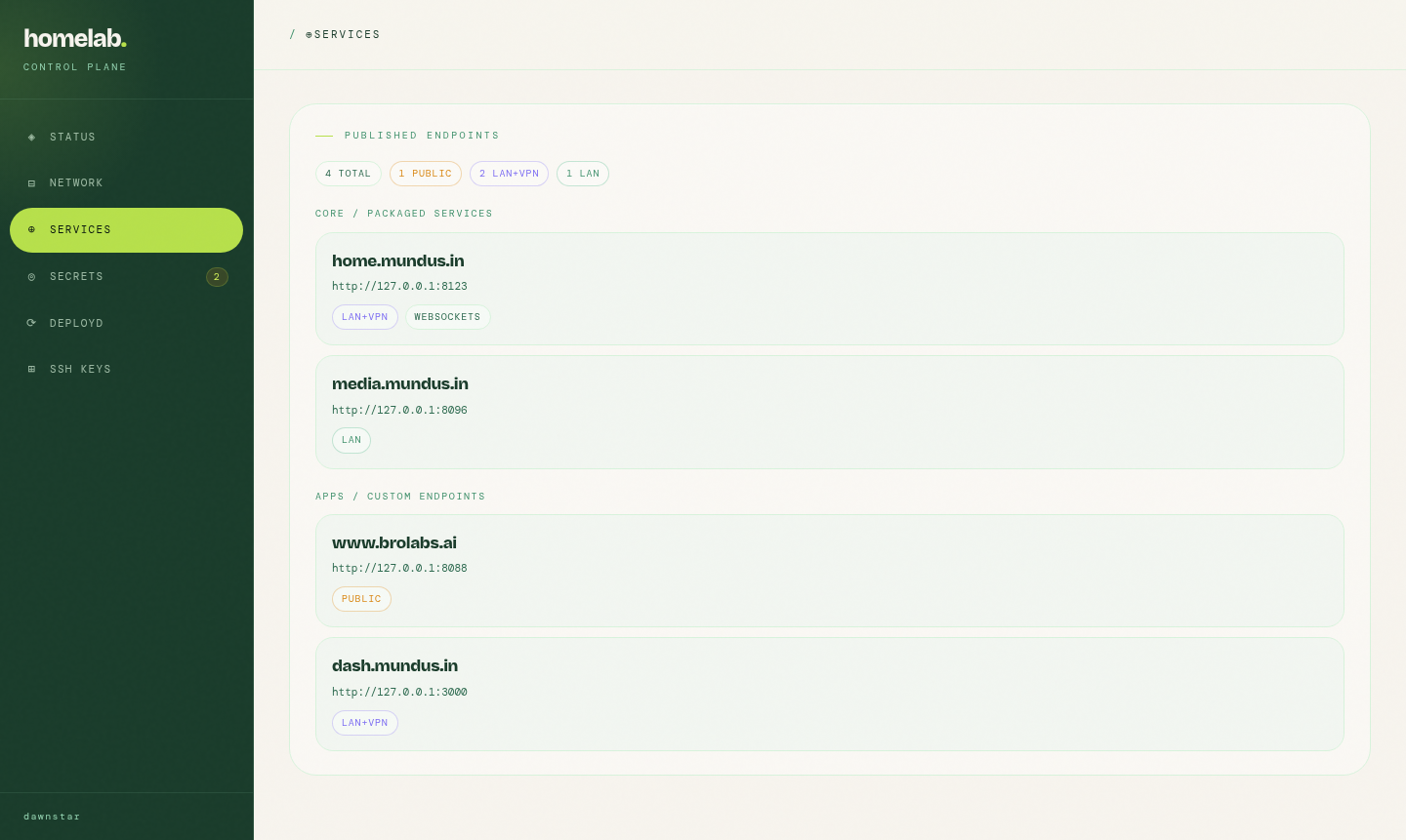 control plane services page listing published endpoints grouped by core services and apps